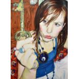 RP MURRAY; a very large oil on canvas, study of a young woman holding a key, signed, 214 x 152cm. (