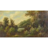 UNATTRIBUTED; oil on canvas, woodland lake landscape, unsigned, 25 x 45cm, framed.