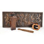 A mahogany candle box, a reproduction Welsh double love spoon, a large rectangular African carving