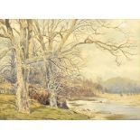 HERBERT MOXON COOK (1844-1928); watercolour, landscape with river and trees in foreground, signed