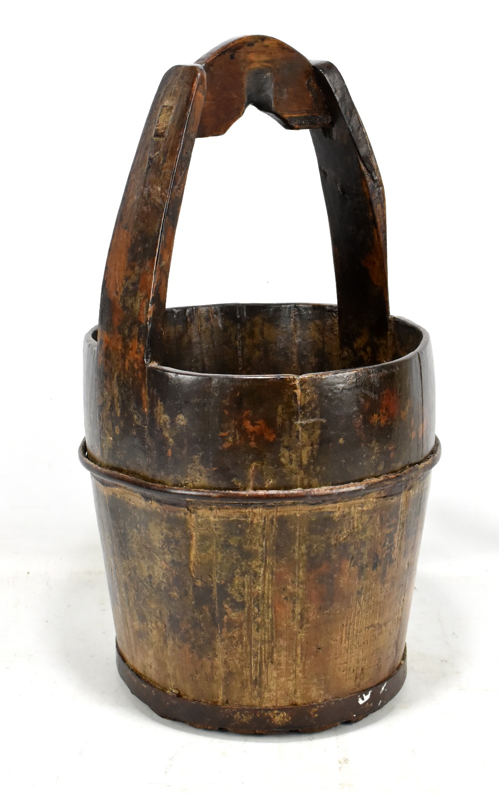A 20th century metal bound wooden water bucket, height 59cm.