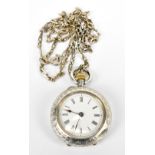 A circa 1900 Continental silver crown wind fob watch, the white enamel dial set with Roman