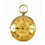 An 18ct gold lady's pocket watch, the circular dial set with Roman numerals outside a filigree