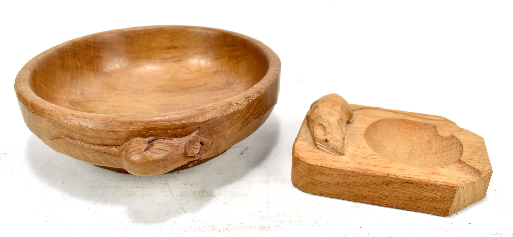 ROBERT 'MOUSEMAN' THOMPSON; an adzed oak bowl, diameter 15cm, and an ashtray, length 10cm (2).