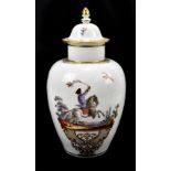 MEISSEN; a large 20th century vase and cover painted with a figure upon horseback hawking with