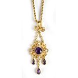 A 15ct yellow gold seed cultured pearl and amethyst set pendant, supported on a 9ct yellow gold fine