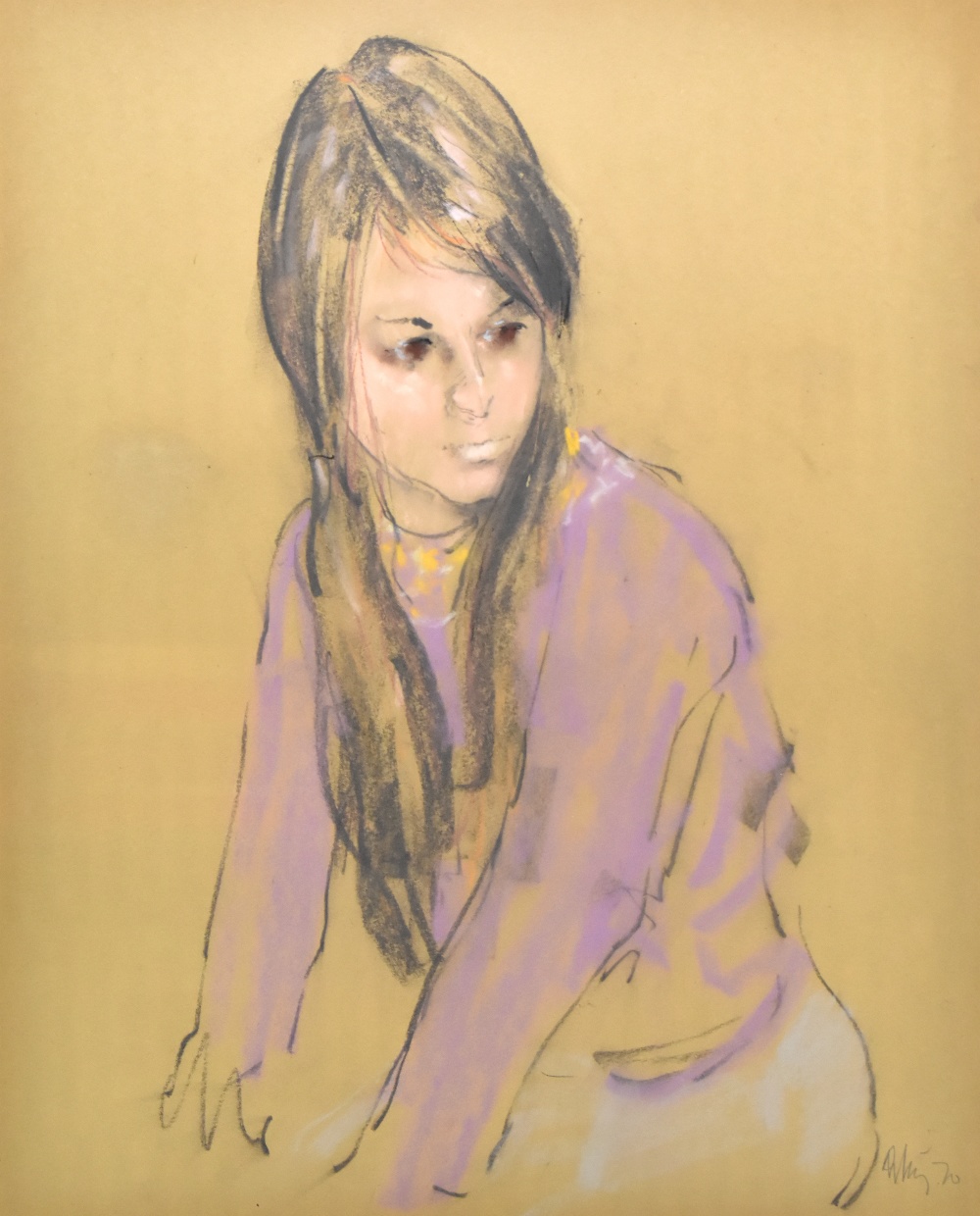 HAROLD FRANCIS RILEY DL DLitt FRCS DFA ATC (born 1934); pastel on paper, young girl seated in purple