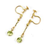 A pair of 15ct yellow gold and green peridot drop ear studs with screw backs, length of drop 2.