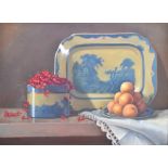 IAN PARKER (born 1955); oil on board, still life study of fruit and blue and white ceramics, signed,