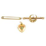 Three pieces of 9ct gold to include bar brooch, lockets, etc, approx 7g.