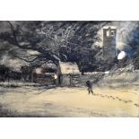 CHARLIE POTTER; charcoal and watercolour, winter scene with figure walking in snow before a