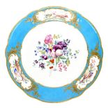 SEVRES; an 18th century cabinet plate with Bleu Celeste border, cisele gilding and finely painted