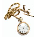 A gold plated open face lady's pocket watch, the circular dial with Roman numerals, with Albert