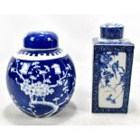 An early 20th century Japanese blue and white porcelain tea caddy and cover with floral