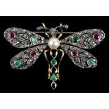 A novelty yellow metal diamond, emerald, ruby, sapphire and pearl set brooch in the form of a