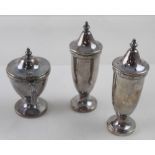 An Elizabeth II hallmarked silver three-piece cruet set comprising pepper, salt and mustard, W.A.