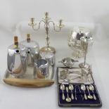 A mixed group of electroplated items including cutlery and tableware,