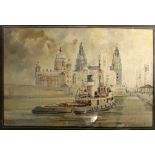 BRAN ENTWISTLE; watercolour, 'Canning Dock', ferry on Mersey Dock with Liver Building to background,