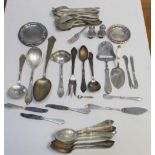 A small group of Danish plated flatware to include knives and forks and four small dishes.