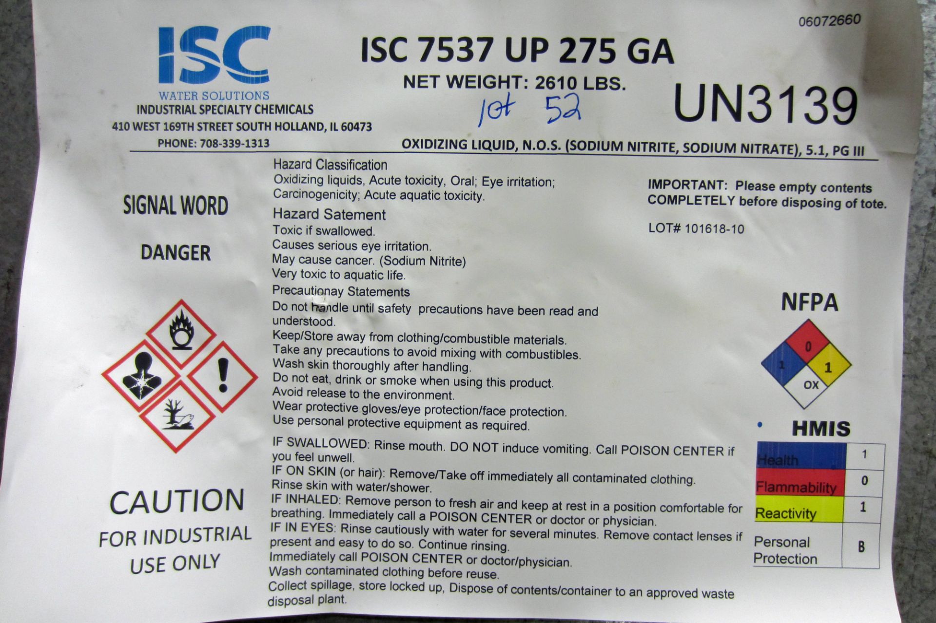 1/2 FULL TANK OXIDIZING LIQUID-BUYER IS RESPONSIBLE FOR SAFE TRANSPORTATION - Image 2 of 2