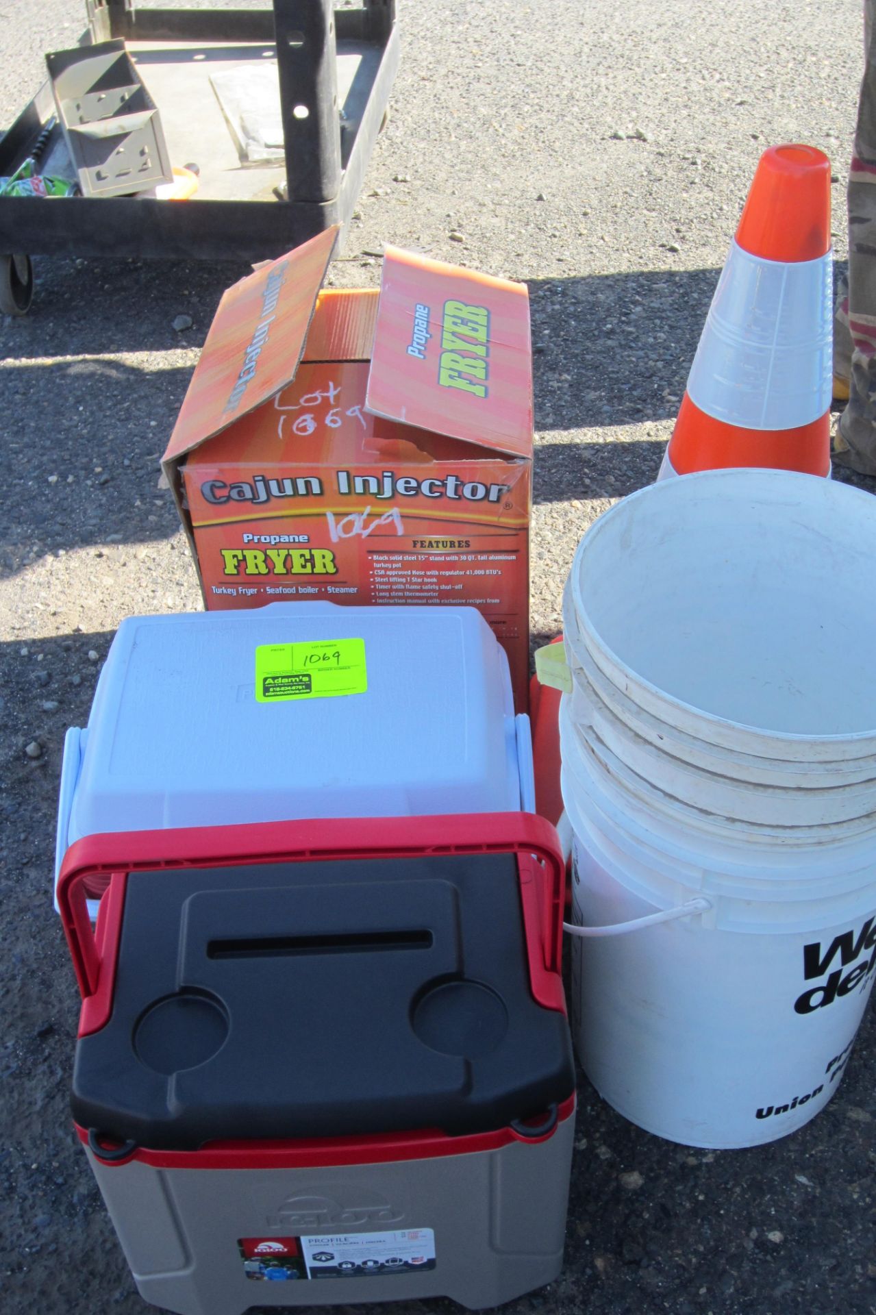 (2) COOLERS, PROPANE FRYER, BUCKETS, CONES