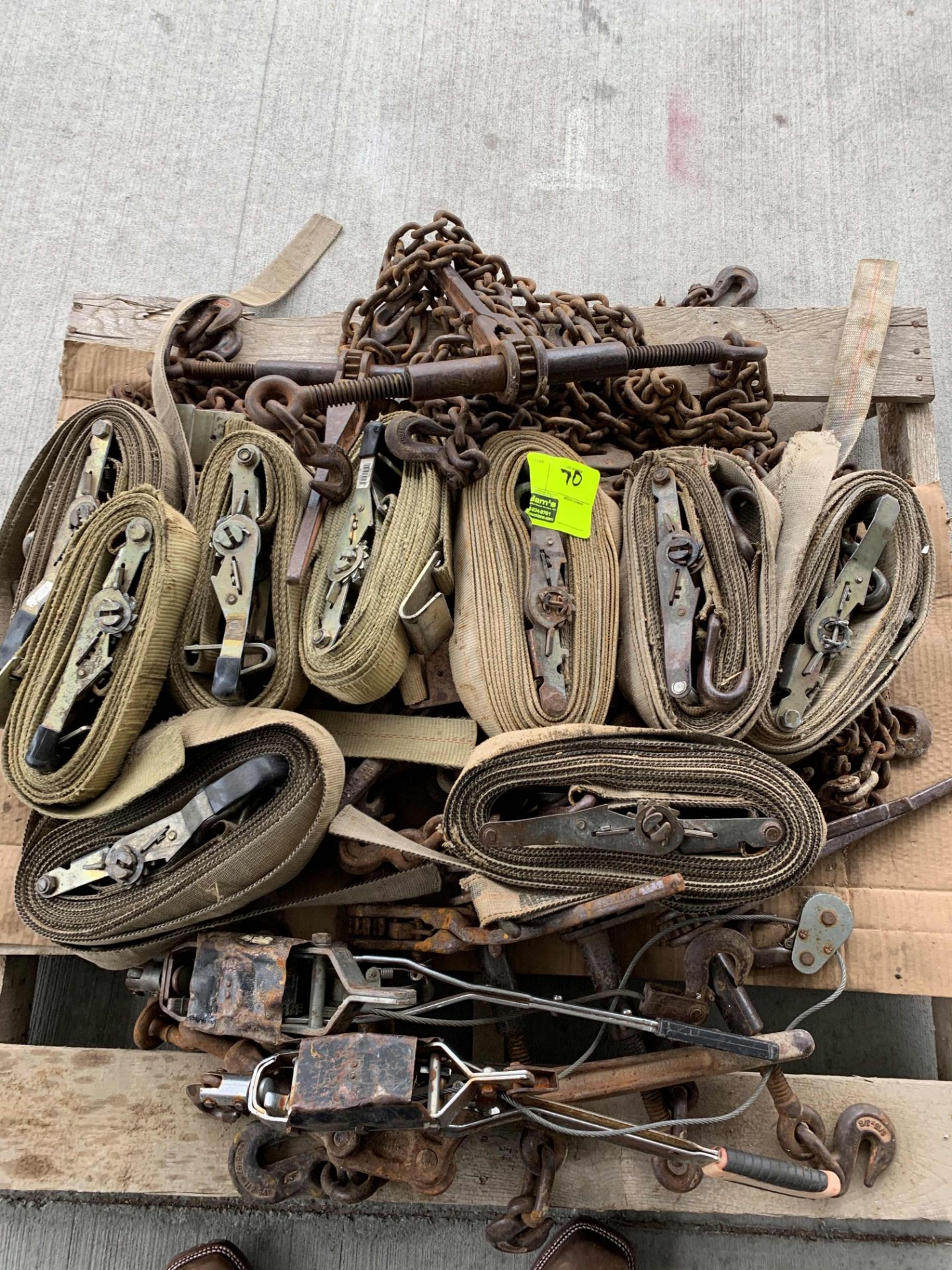 PALLET OF CHAINS, BINDERS, STRAPS