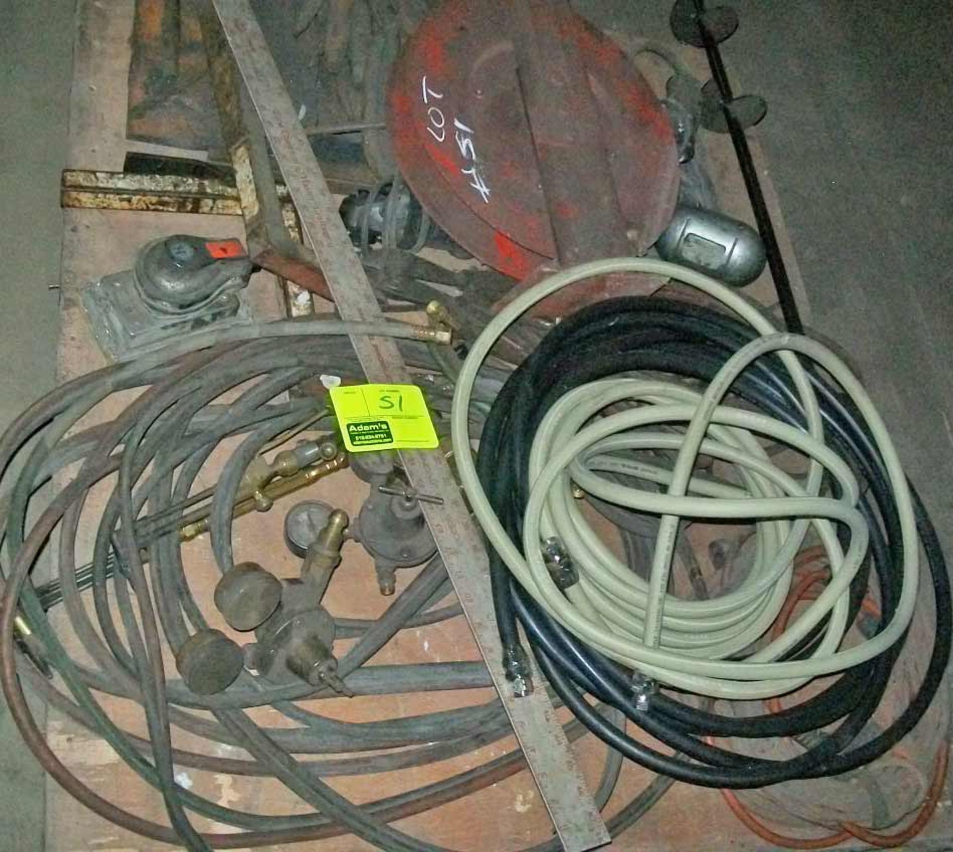 PALLET OF TORCH HOSES, GAUGES, DRILL BITS, HOSE REEL AND MISC