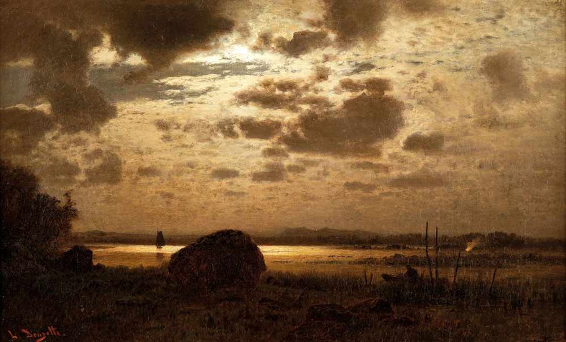 Louis Douzette (1834 Tribsees - 1924 Barth) Fischer im Mondlicht. Öl auf Leinwand. o. J. 410 x 670