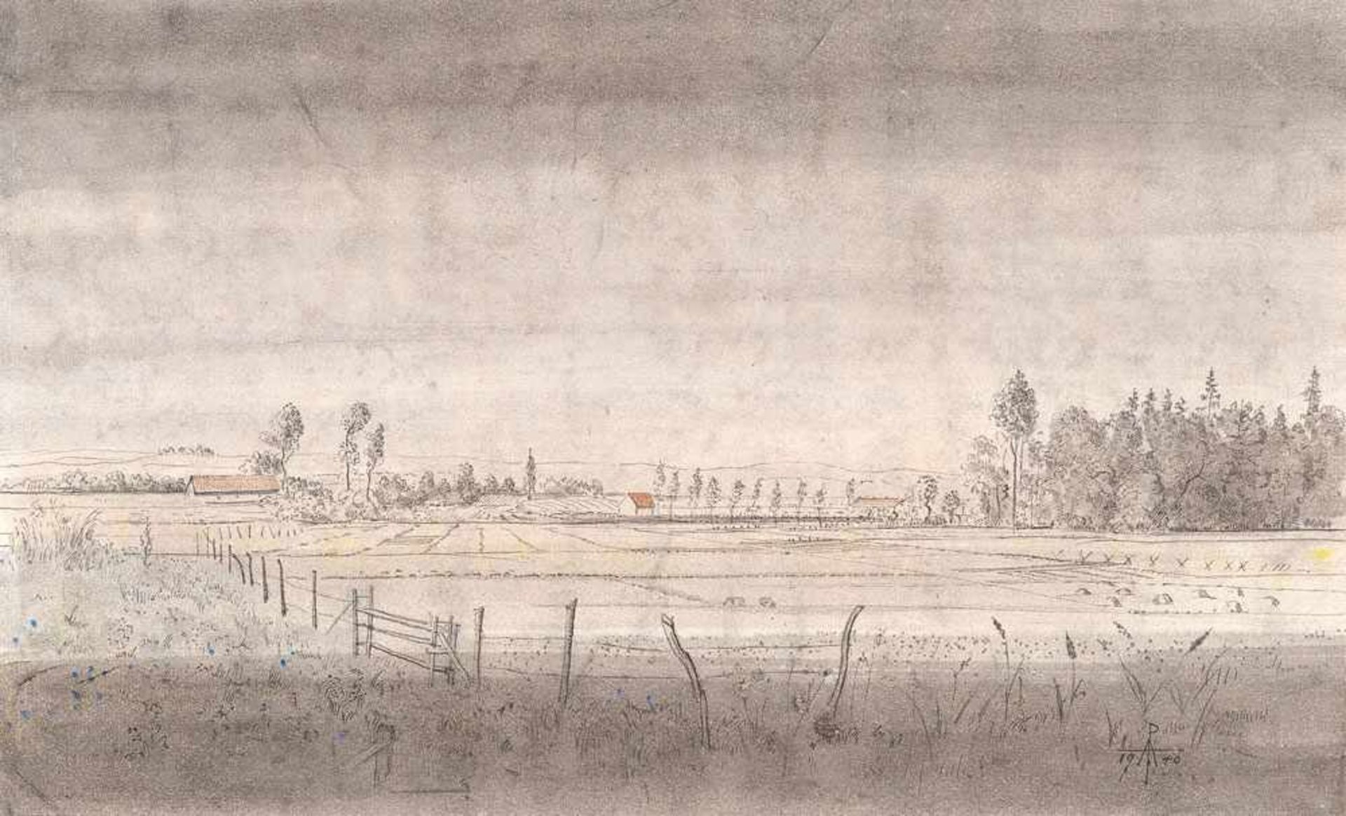 Alfred Partikel (1888 Goldap/Ostpreußen - 1945 Ahrenshoop)Landschaft bei Königsberg.Federzeichnung,