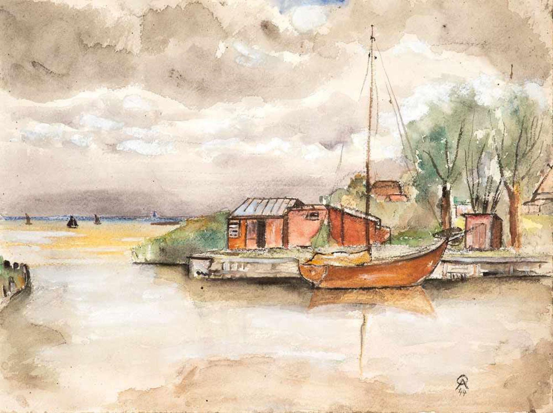 Ortrud Abeking (1904 Berlin - 1977 Torrevieja)Althäger Hafen, 1944.Aquarell. 340 x 450 mm. U. r.