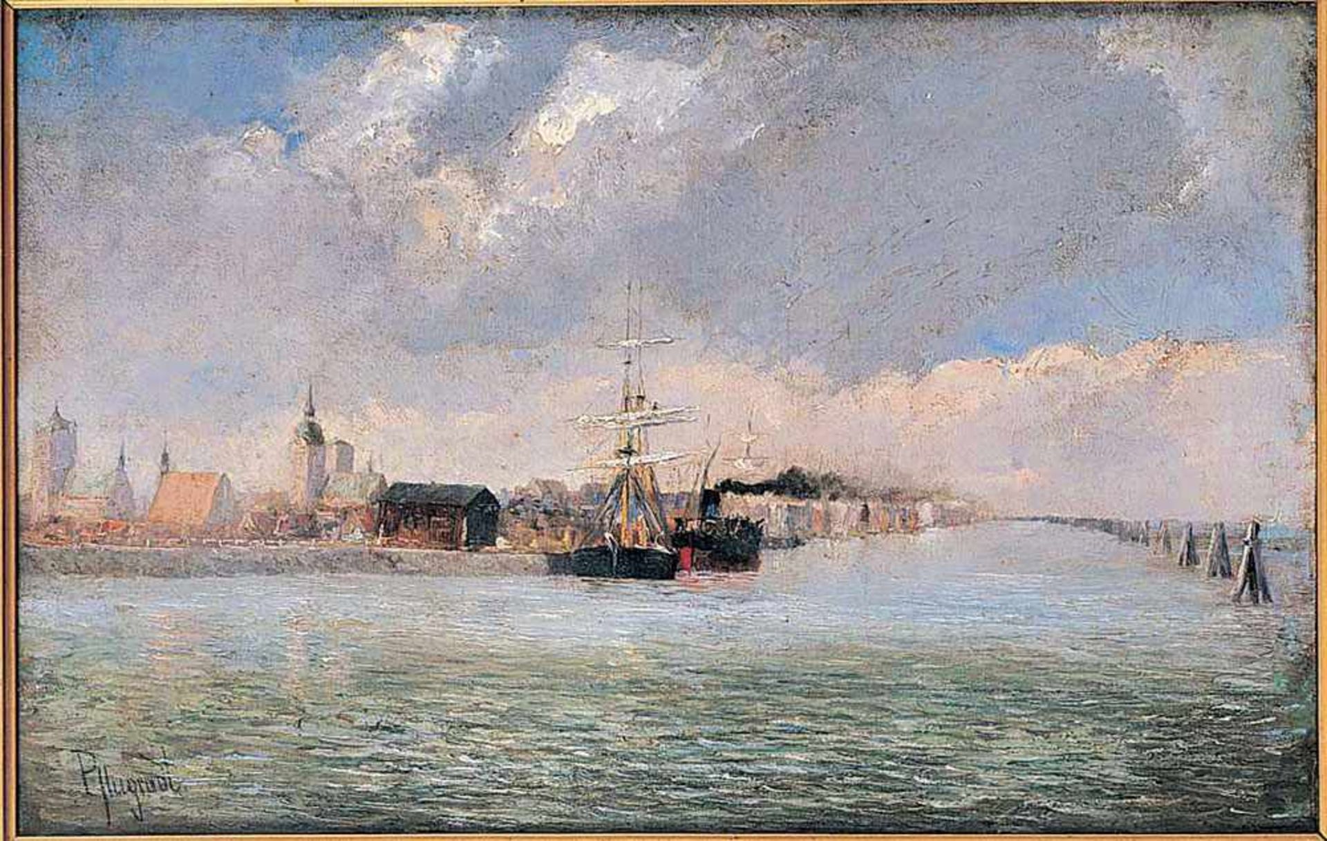 Gustav Pflugradt (1829 Franzensberg/Meckl. - 1907 Berlin)Seeansicht Stralsund.Öl auf Leinwand. Um