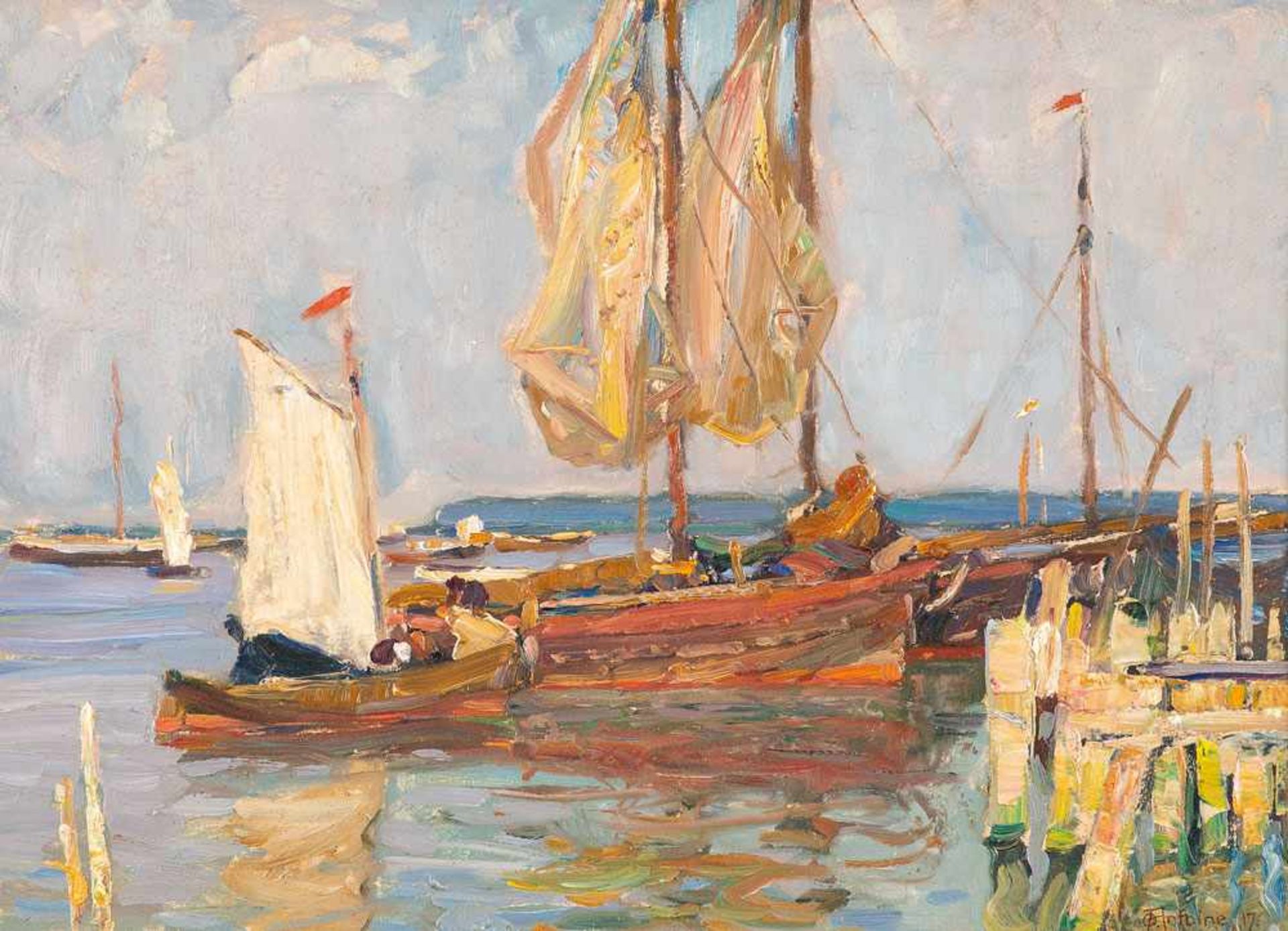 Otto Antoine (1865 Koblenz - 1951 Unteruhldingen, Bodensee)Segelboote im Hafen von Neuwarp (