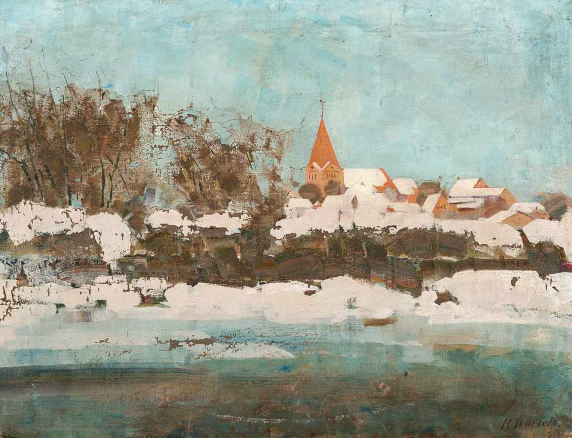 Rudolf Bartels (1872 Schwaan - 1943 Rostock) Schwaan im Winter. Öl auf Leinwand. Um 1910. 650 x 850