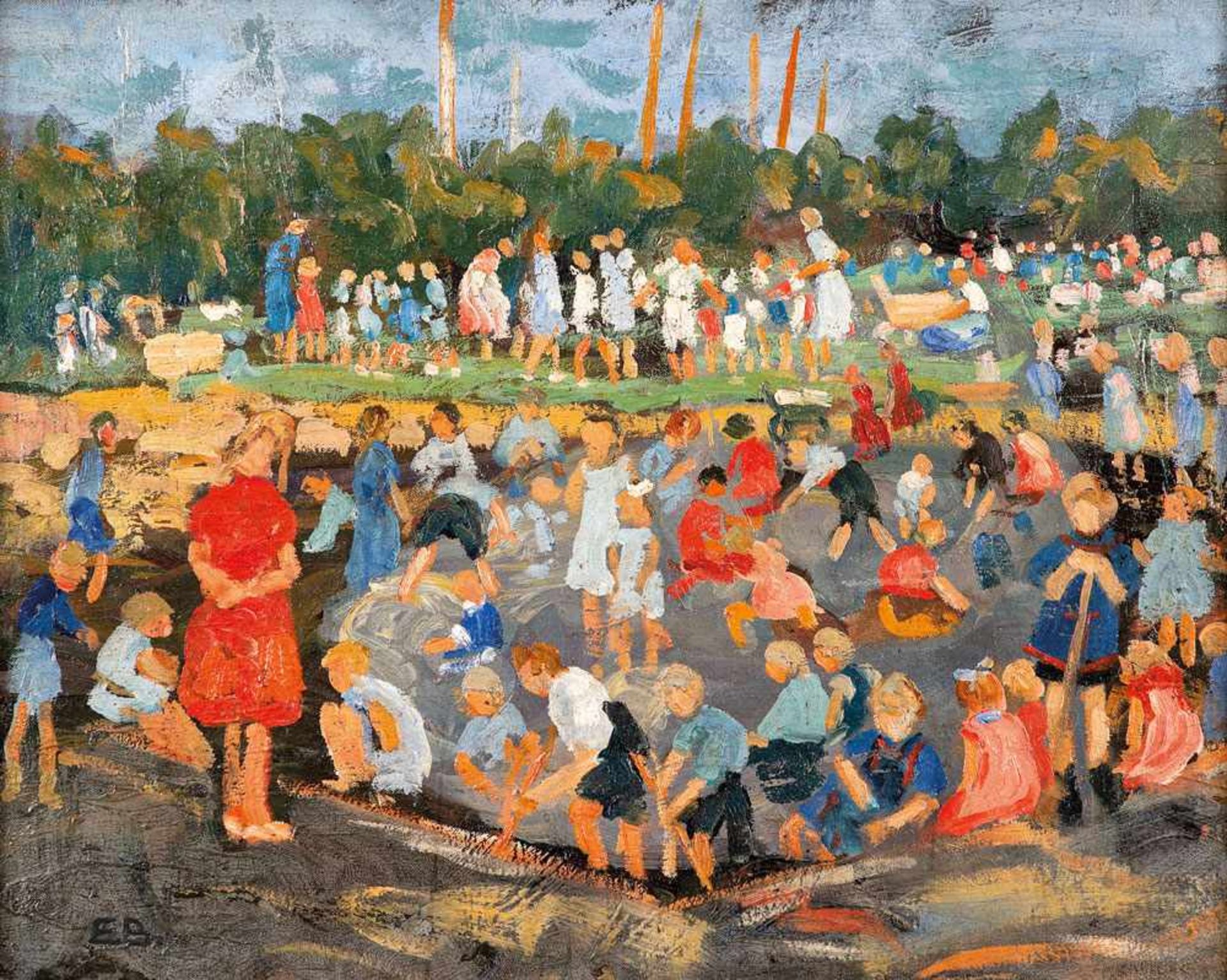 Elisabeth Büchsel (1867 - Stralsund - 1957)Kinderspielplatz.Öl auf Leinwand. Um 1916. 390 x 480 mm.