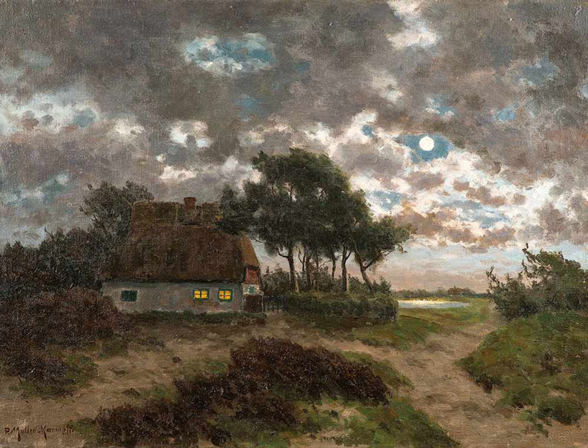 Paul Müller-Kaempff (1861 Oldenburg - 1941 Berlin)Aufgehender Mond über dem Bodden.Öl auf Leinwand.