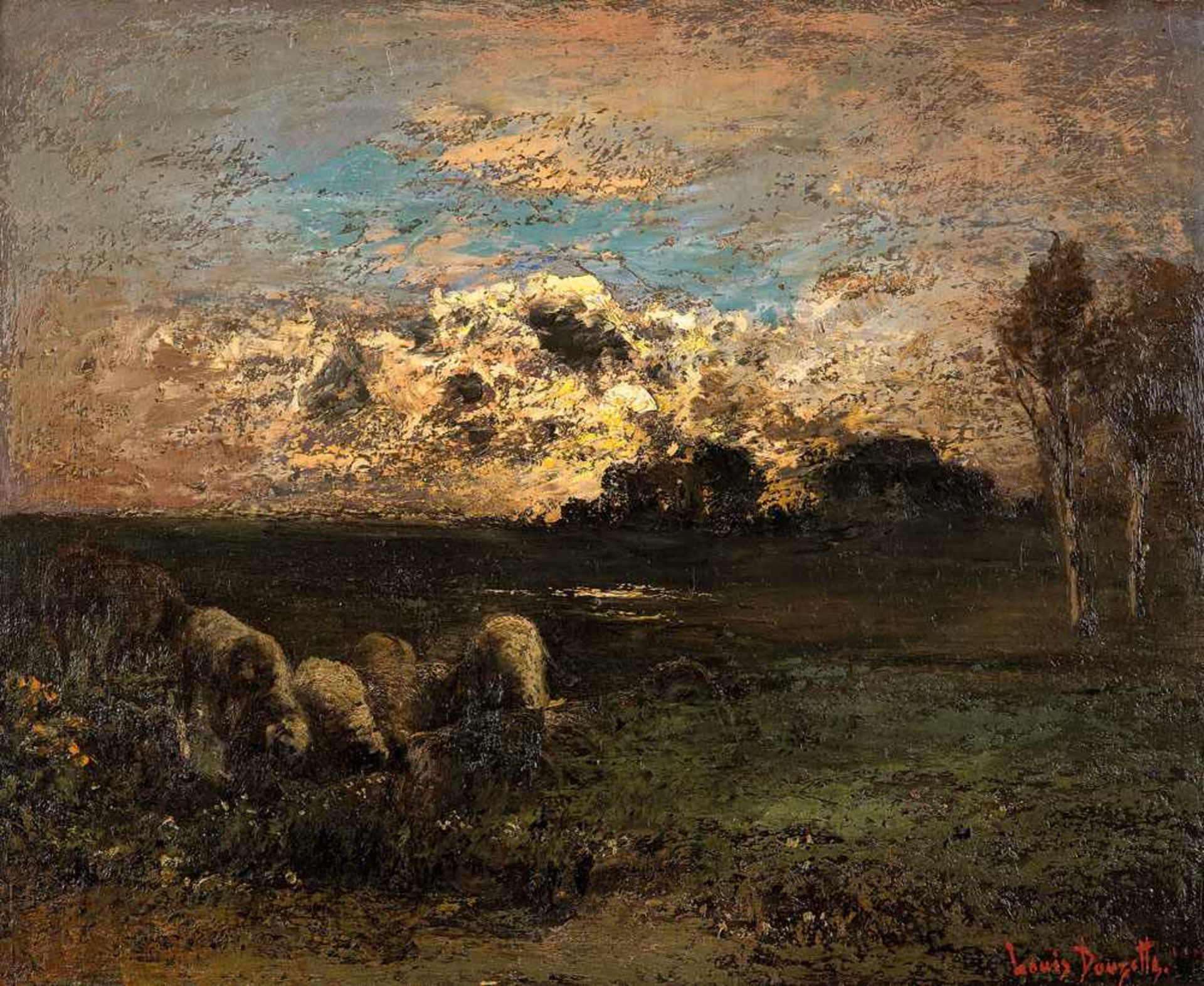 Louis Douzette (1834 Tribsees - 1924 Barth) Schafe bei Krabbenort. Öl auf Malkarton. Um 1915. 500 x