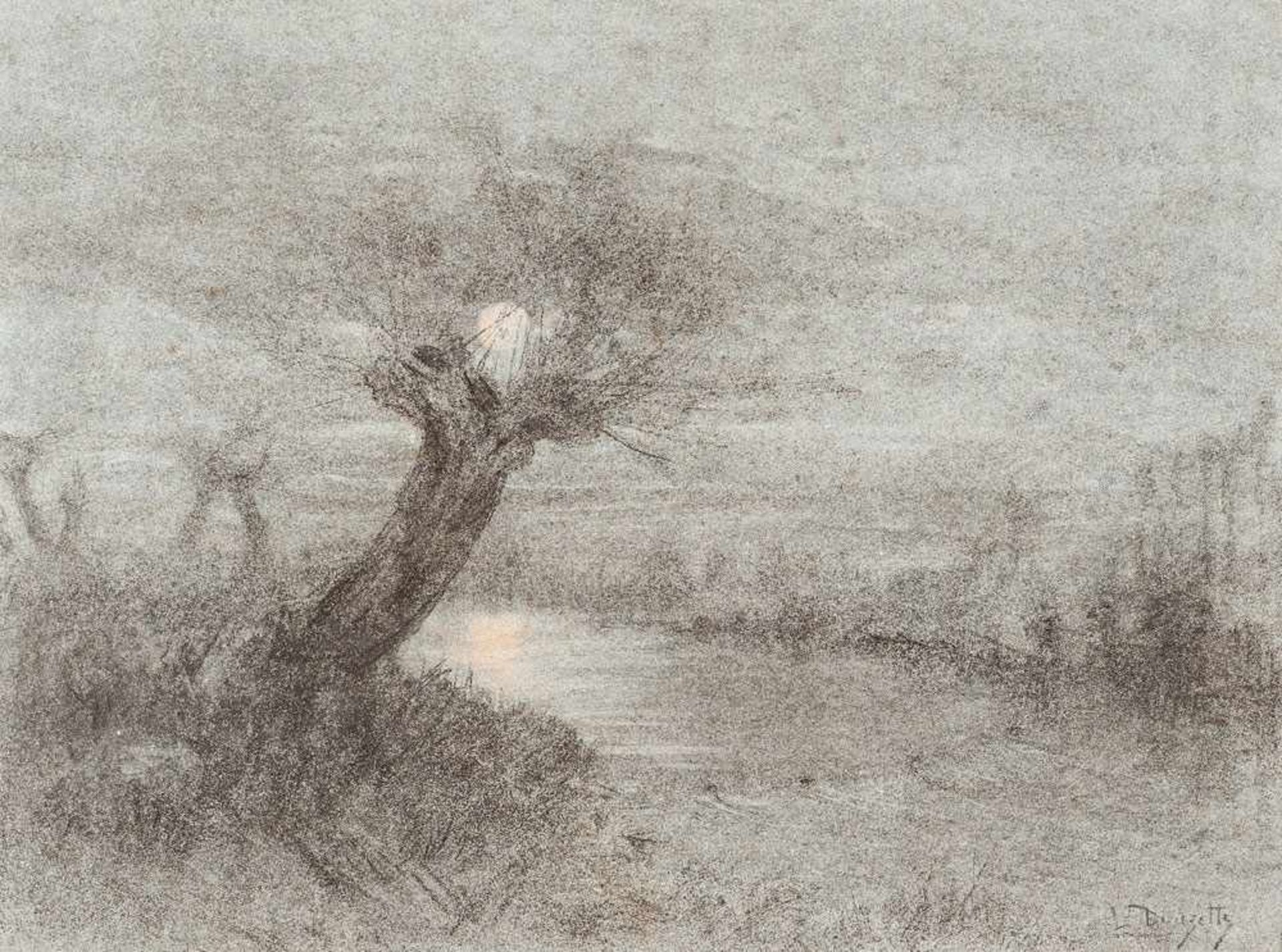 Louis Douzette (1834 Tribsees - 1924 Barth)Weiden im Mondschein, um 1870.Kohle-, Pastellzeichnung.
