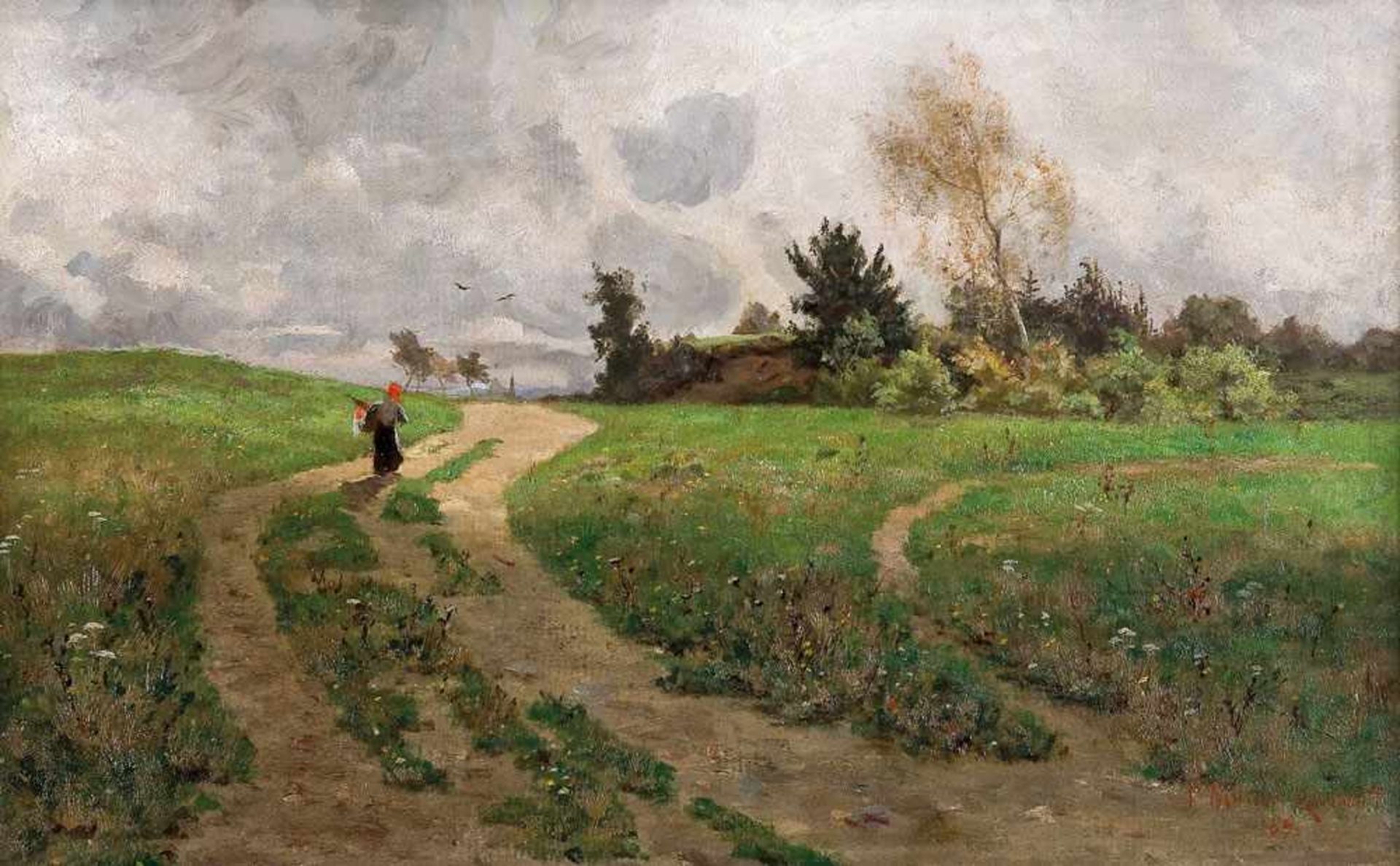 Paul Müller-Kaempff (1861 Oldenburg - 1941 Berlin)Auf dem Weg zum Dorf.Öl auf Leinwand. 1889. 250 x