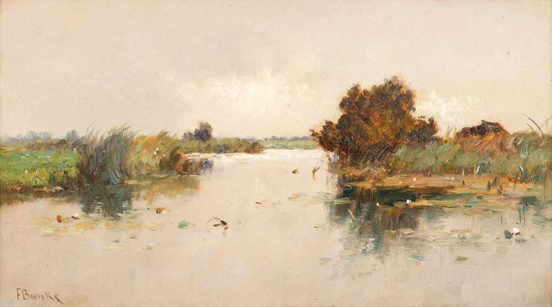 Franz Bunke (1857 Schwaan - 1939 Oberweimar) An der Warnow, um 1910. Öl auf Leinwand. 250 x 450 mm.