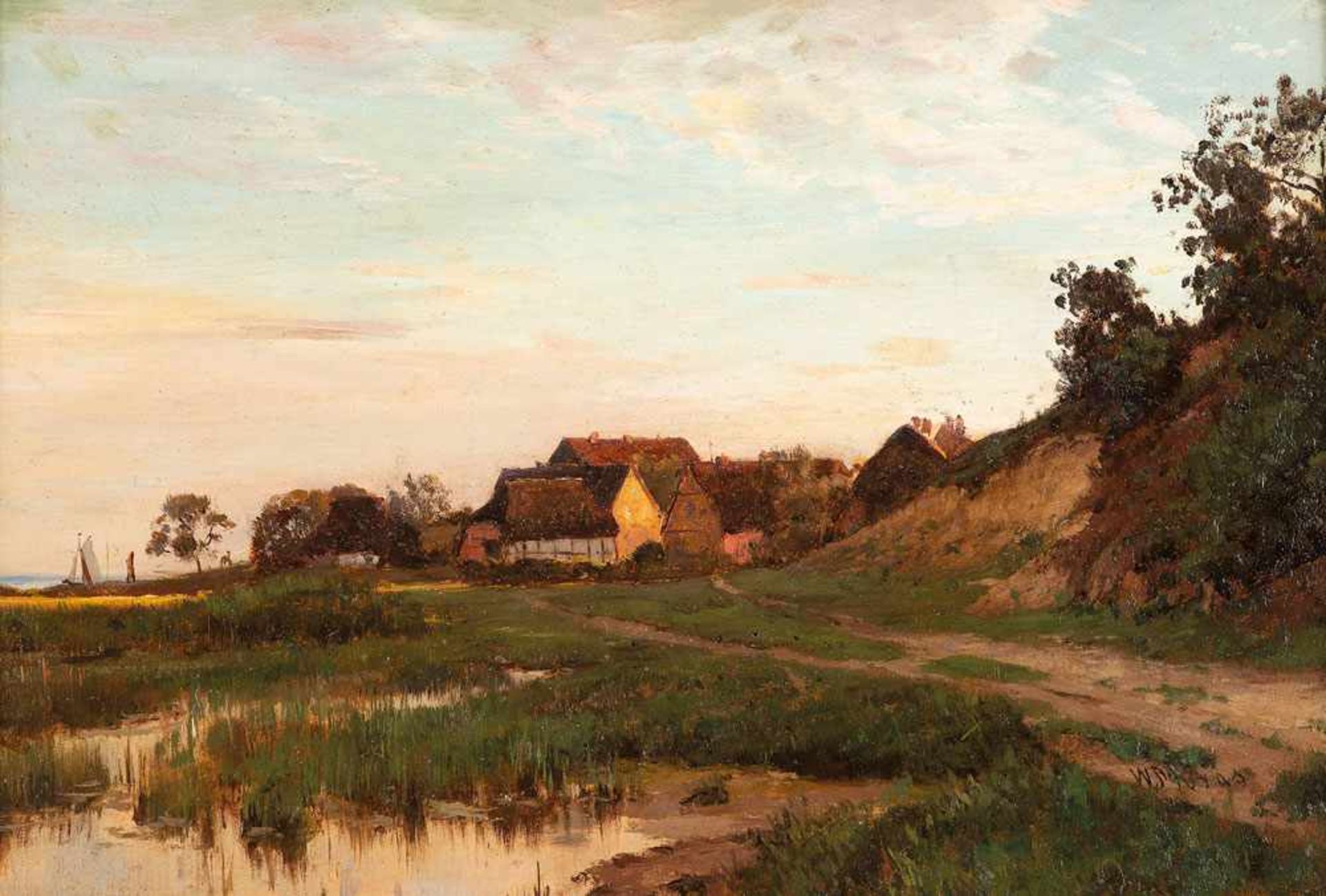 Walter Moras (1856 - Berlin - 1925)Dorf auf Rügen.Öl auf Malplatte.1893. 290 x 435 mm. U. r.