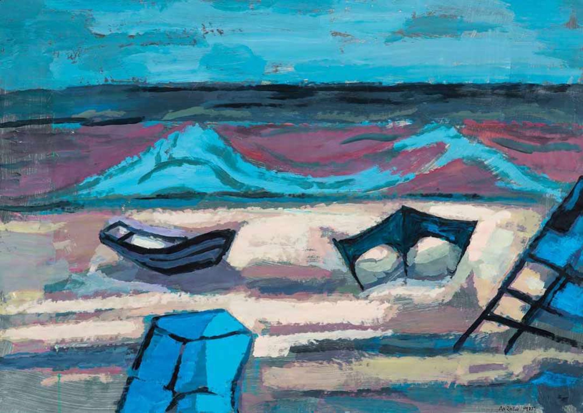 Manfred Zoller (1947 Zeitz, lebt in Bergfelde b.Berlin)Abend am Strand.Gouache. 1985. 495 x 690 mm.