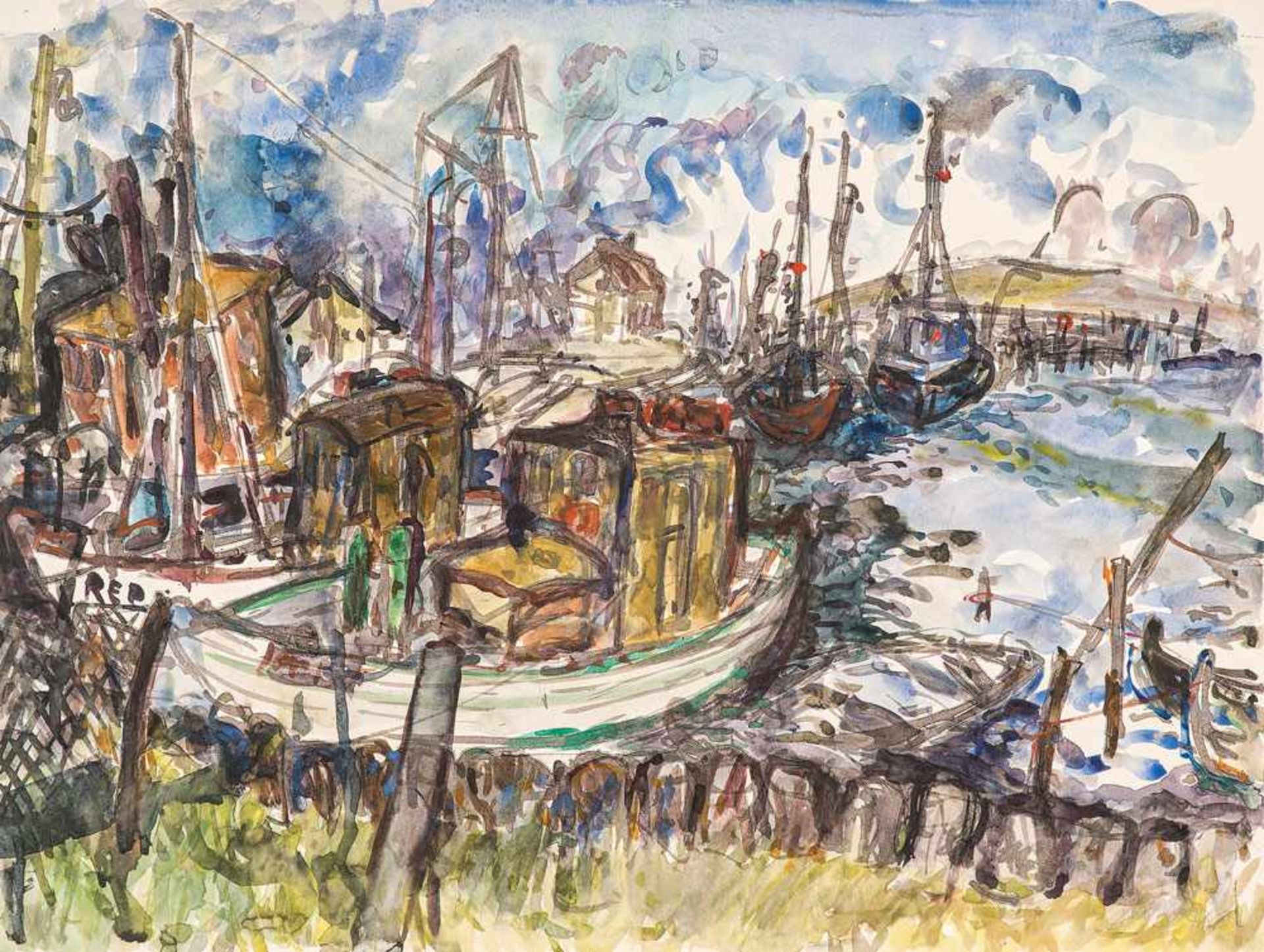 Heinz Mutterlose (1927 - Schkeuditz - 1995)Boote im Hafen.Aquarell, Gouache. 1978. 420 x 555 mm. U.