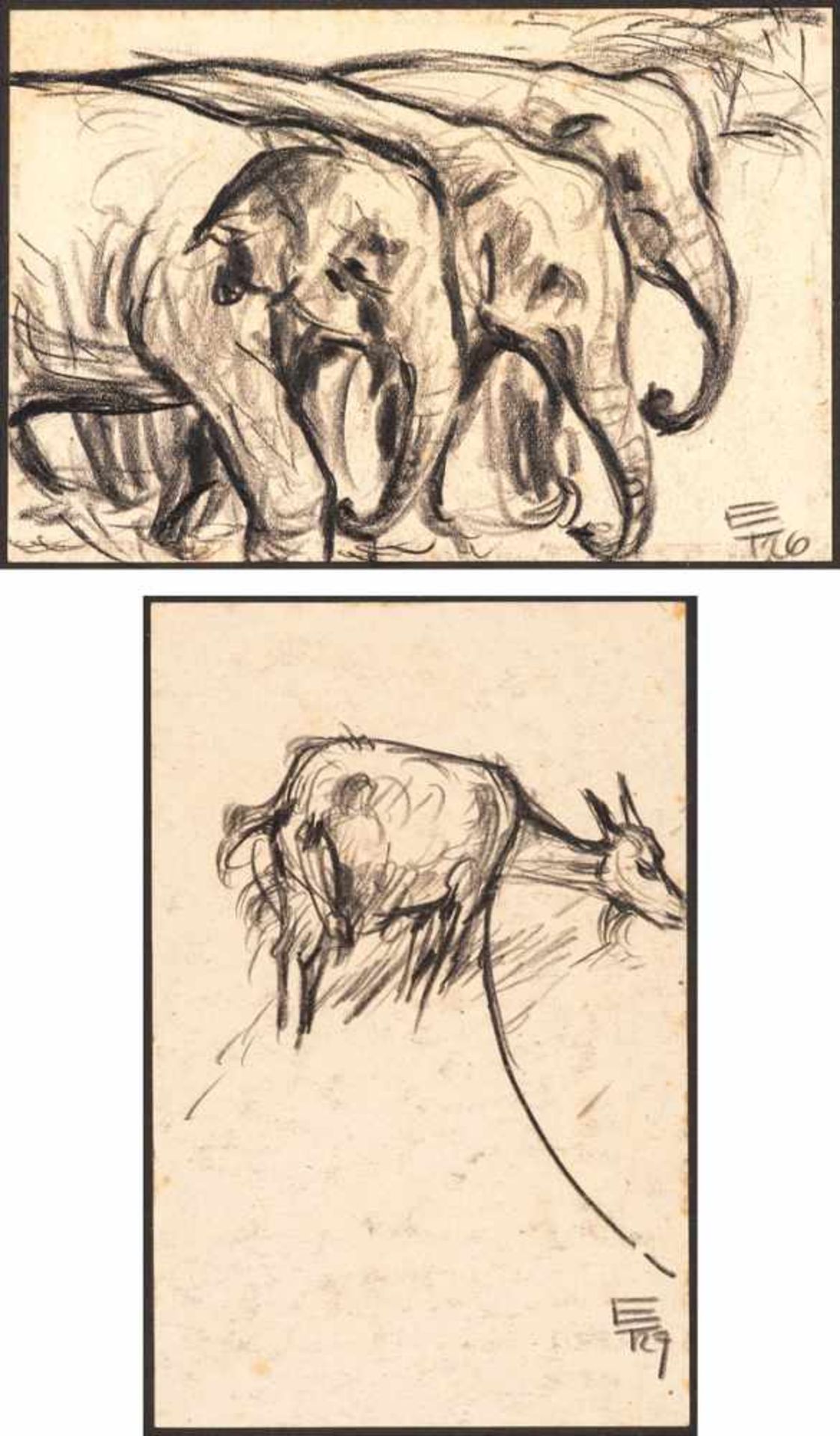Egon Tschirch (1889 - Rostock - 1948)Zwei Zeichnungen. 1. Elefanten, 1926. Graphitzeichnung. 110 x