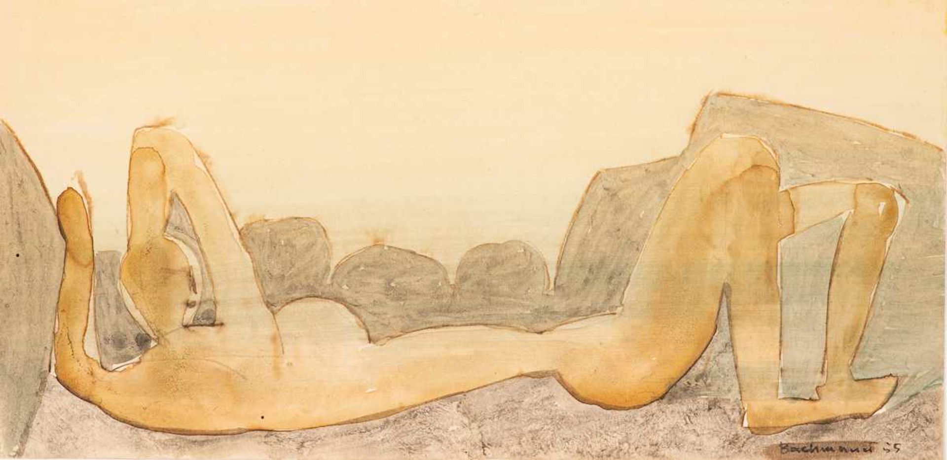 Hermann Bachmann (1922 Halle - 1995 Karlsruhe)Liegende.Aquarell auf Papier. 1955. 483 x 524 mm. U.