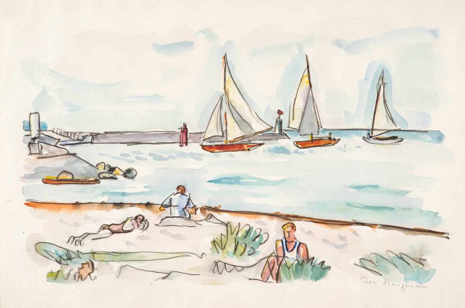 Ivo Hauptmann (1886 Erkner - 1973 Hamburg)Strand mit Segelbooten.Aquarell und Bleistift. 1960er