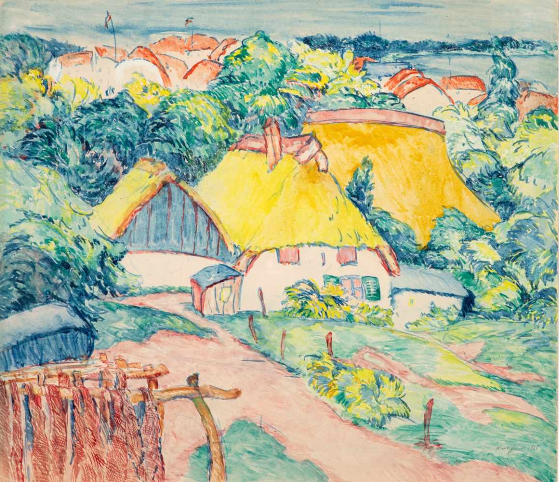 Paul Kuhfuss (1883 - Berlin - 1960)Fischerdorf am Bodden.Aquarell. 1915. 395 x 457 mm. U. r.