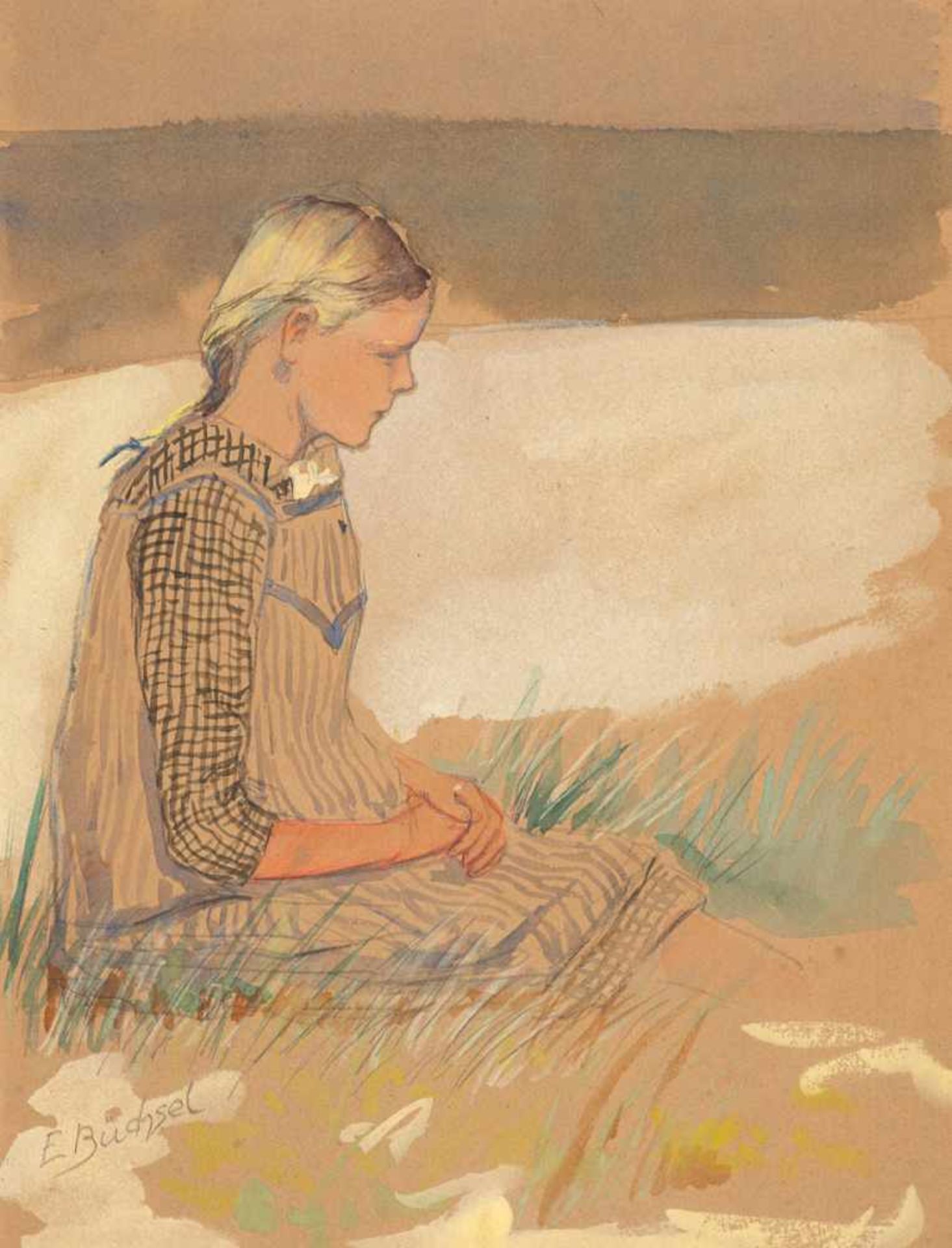 Elisabeth Büchsel (1867 - Stralsund - 1957)Mädchen im Dünengras.Aquarell. Um 1910. 330 x 250 mm.