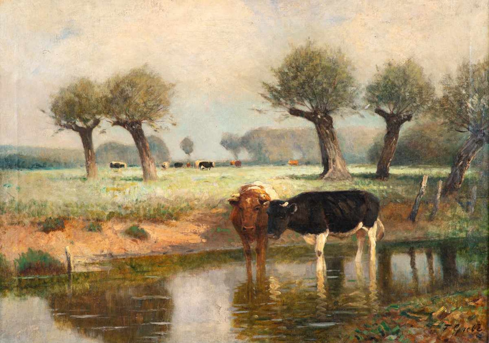 Fritz Grebe (1850 Heisebeck - 1924 Düsseldorf)Weidelandschaft.Öl auf Leinwand. Um 1900. 510 x 710