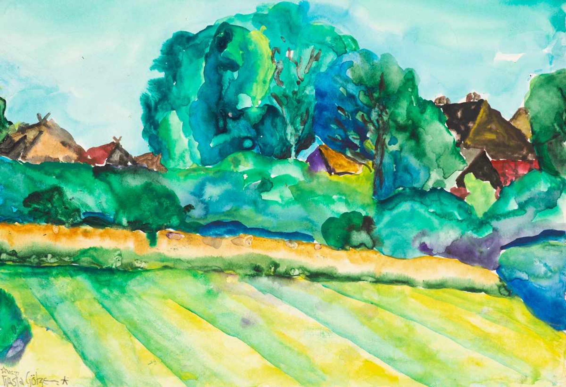 Wasja Götze (1941 Altmügeln bei Oschatz ,lebt in Halle/Saale)Althagen im Juli.Aquarell, Gouache.