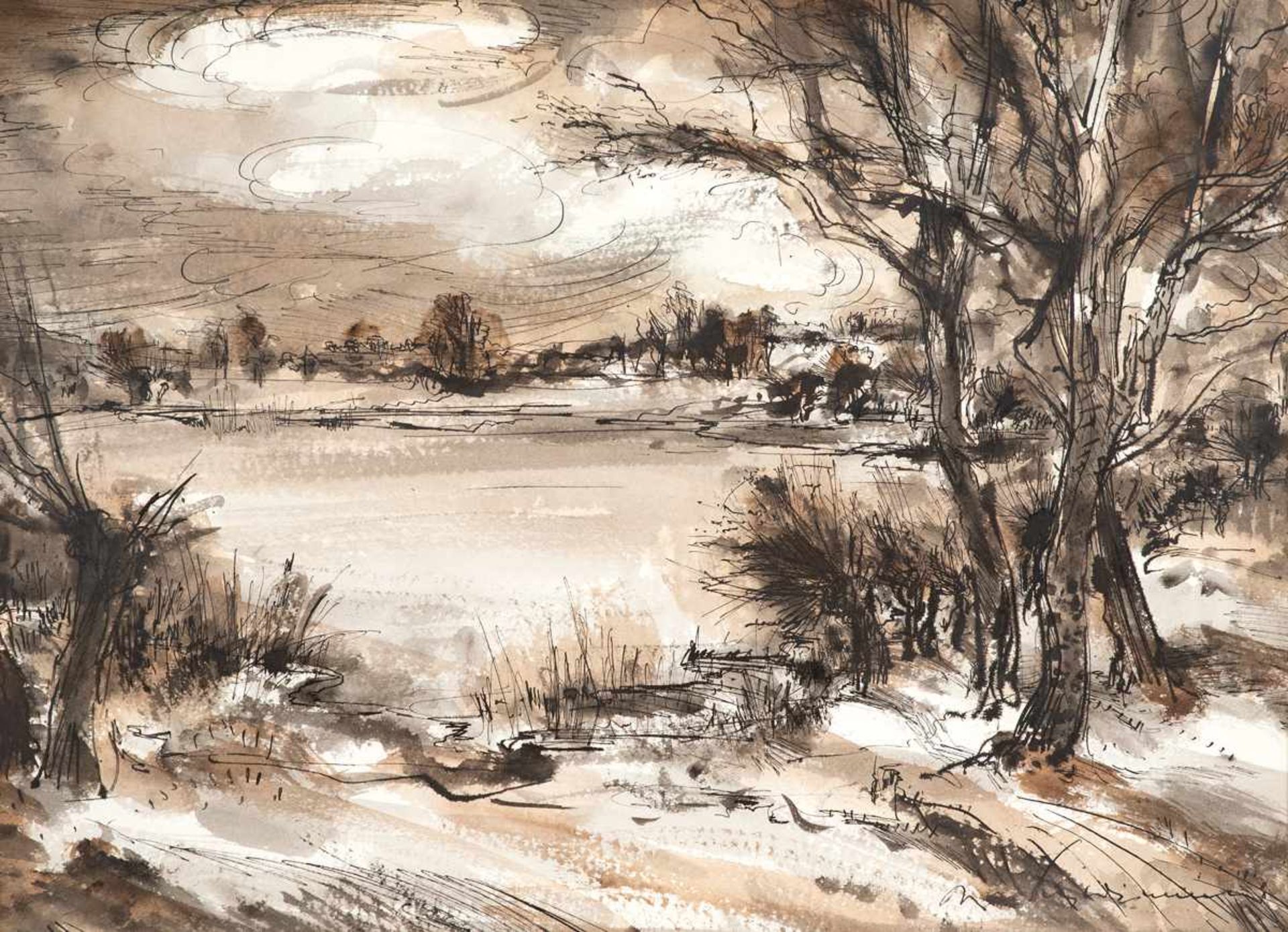 Max Schwimmer (1895 - Leipzig - 1960)Winterlandschaft.Federzeichnung, Gouache. o. J. 400 x 540 mm.